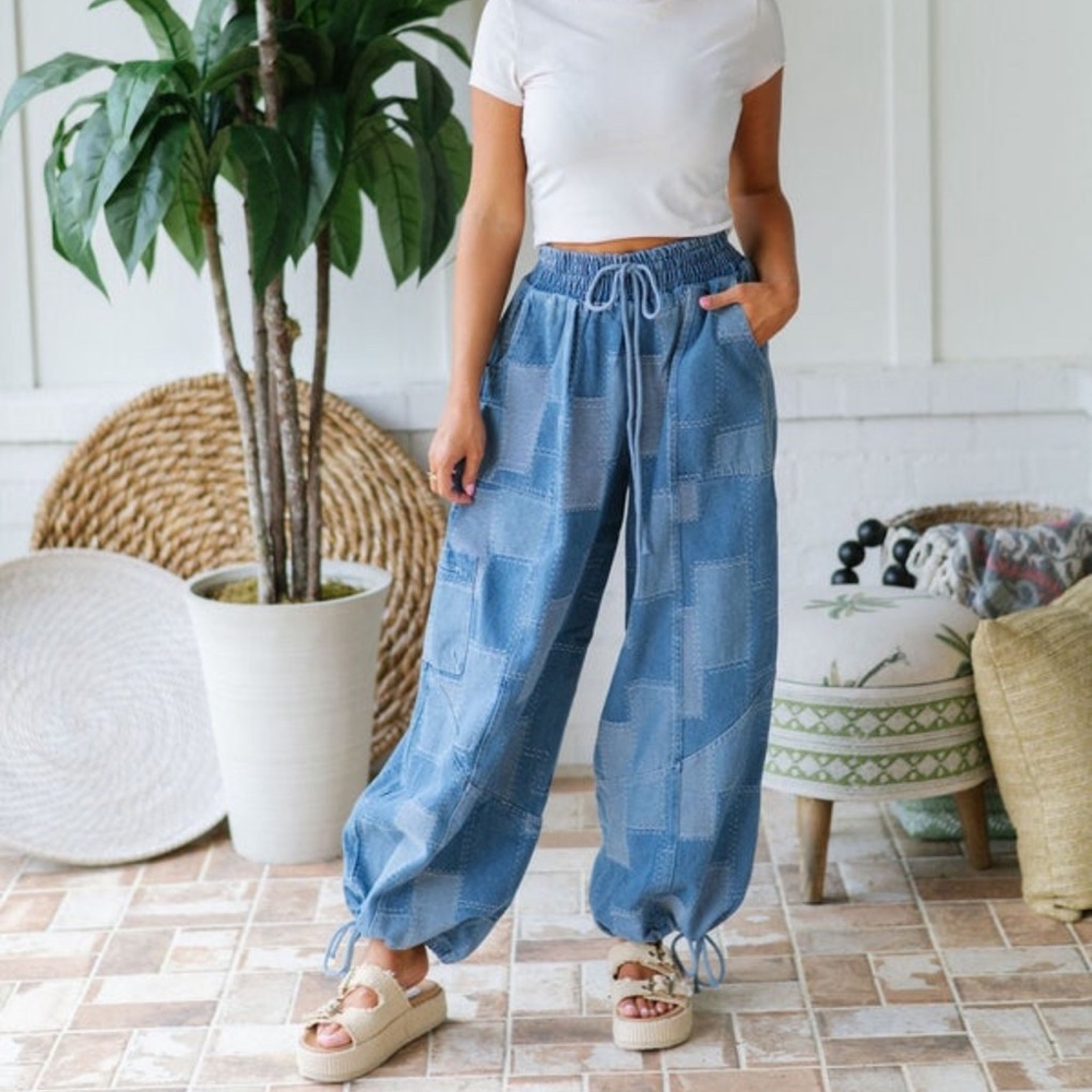 Patchwork denim elastic waist pants